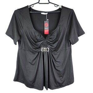 Womens Rosegal Black Top Blouse Rhinestone Buckle Plung Neck Short Sleeve 3X